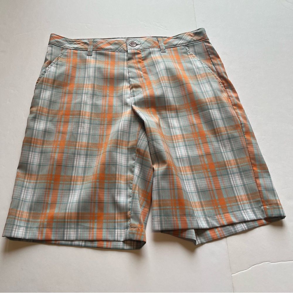 Greg Norman Men's Plaid Shark Shorts Gray/Orange Multi Size 30 Slim Fit